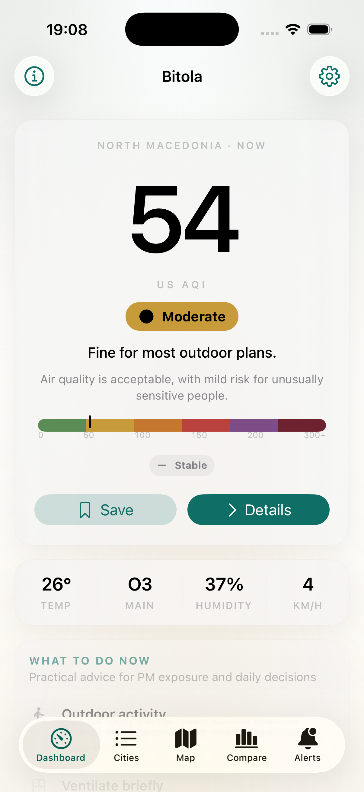 Aer dashboard showing the AQI for a city